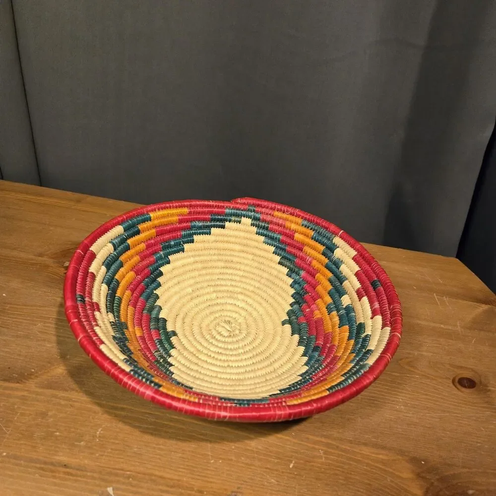 Colorful Swirl Natural Fiber Woven Straw Basket, Uganda 11.5